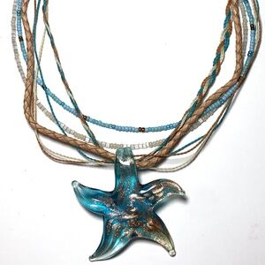 Handmade Multistrand Glass Starfish Leather Braided Cords and Beaded Necklace